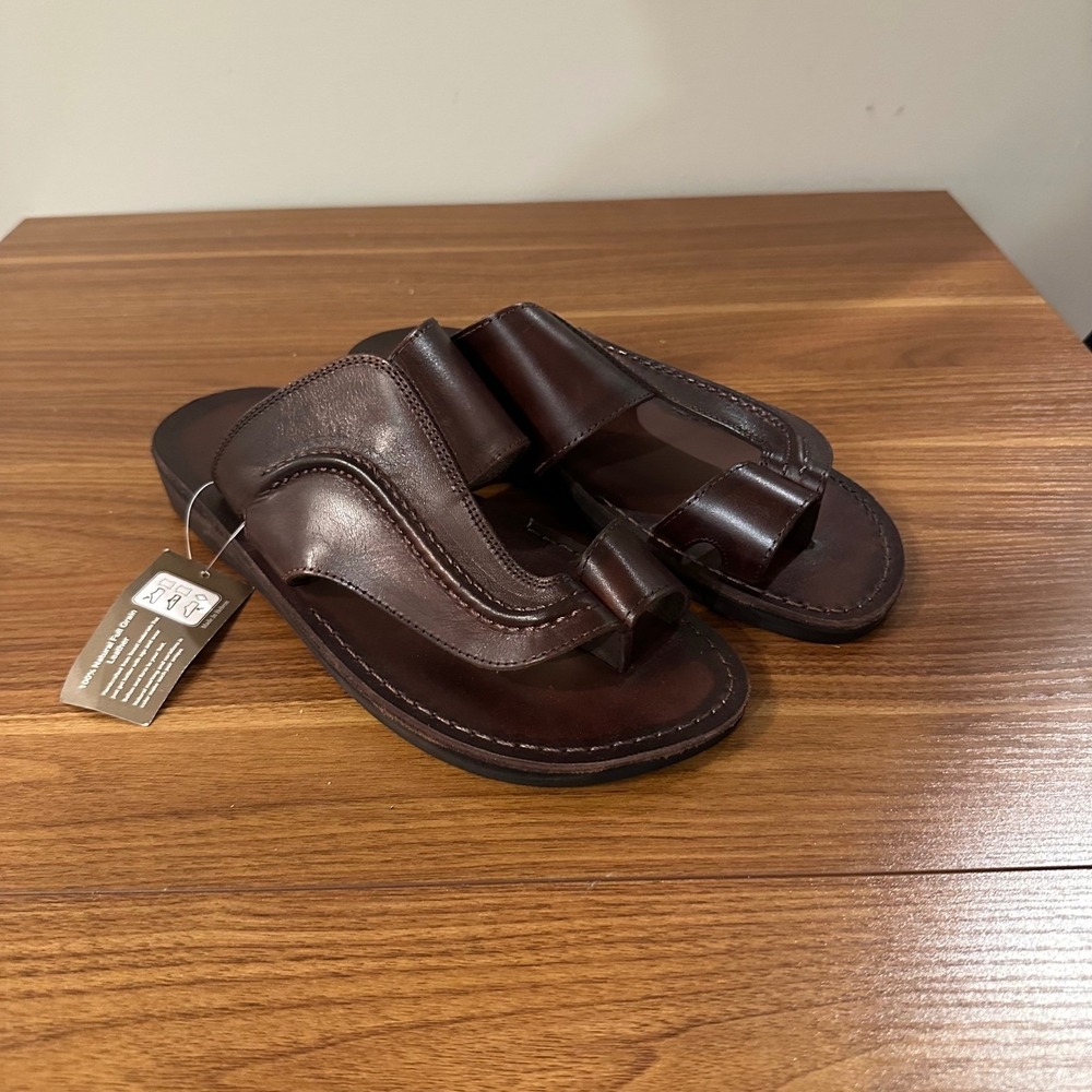 NWT Jerusalem Sandals Mens Bashan Dark Brown Leather Slide Sandals Size 46 NEW